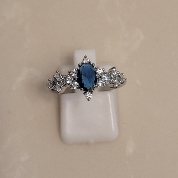 Silver CZ and Sapphire Marquis Ring Size 8 - Picture 6 of 8